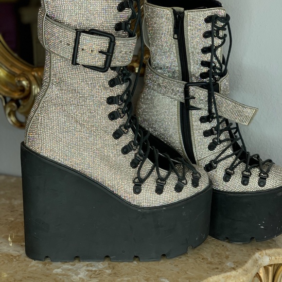 Dolls Kill Demonia Rhinestone Knee High Platform Rave boots - Picture 3 of 5